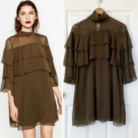 ZARA Green Tiered Ruffle Flowy Shift Dress S